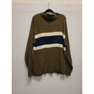 Metro One Mens Sweater XL Olive Green Blue White Striped Knit Mock Neck Acrylic